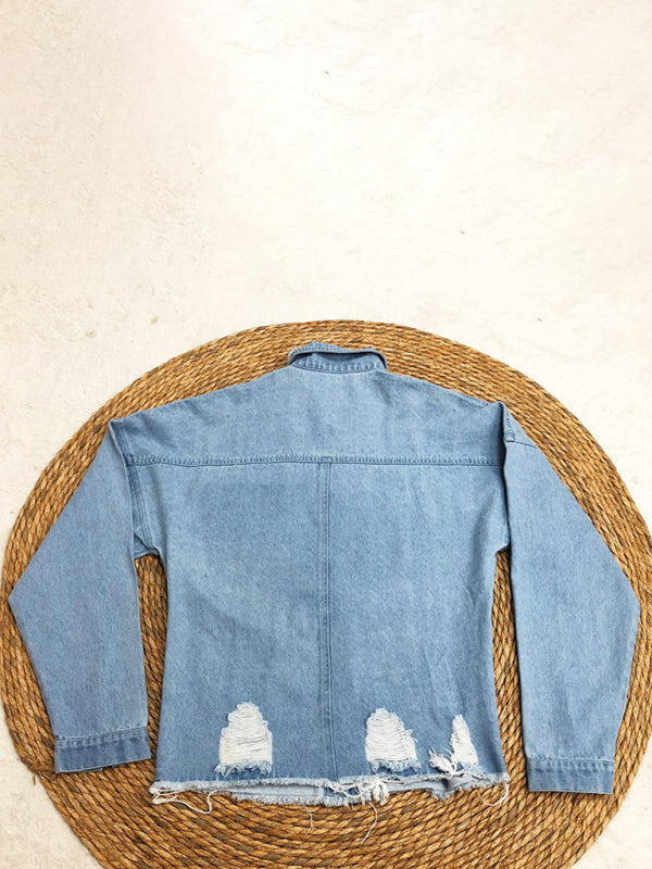 Ripped mid-length denim jacket washed vintage long-sleeved jacket