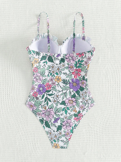 Sexy one-piece swimsuit with bowknot floral print