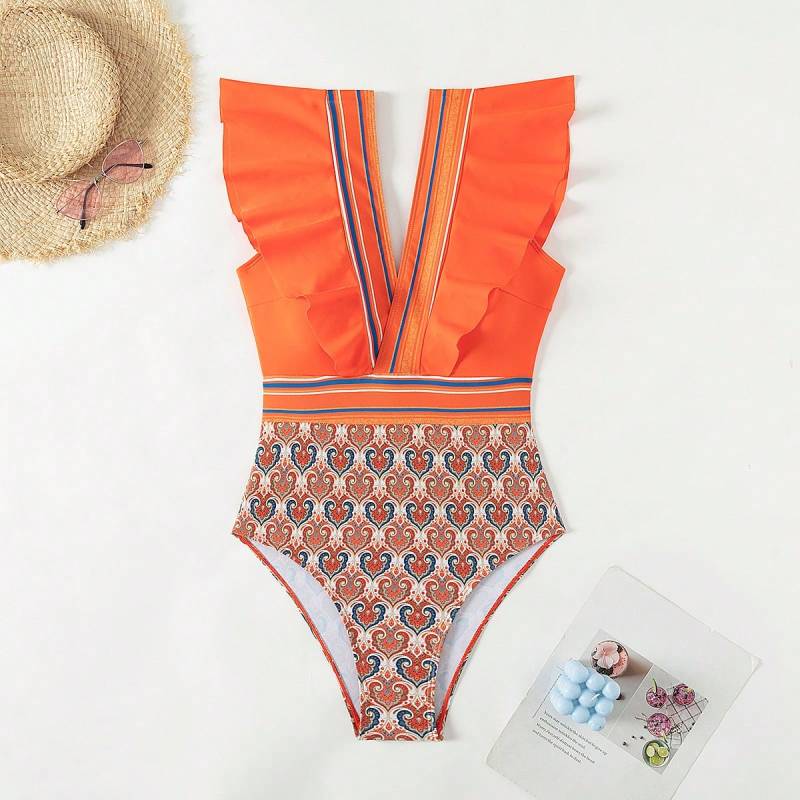 Sexy V-neck ruffled backless swimsuit