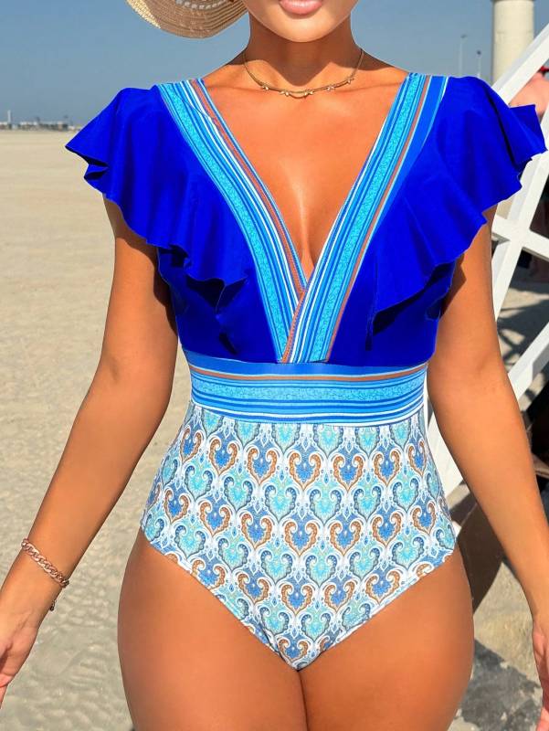 Sexy V-neck ruffled backless swimsuit