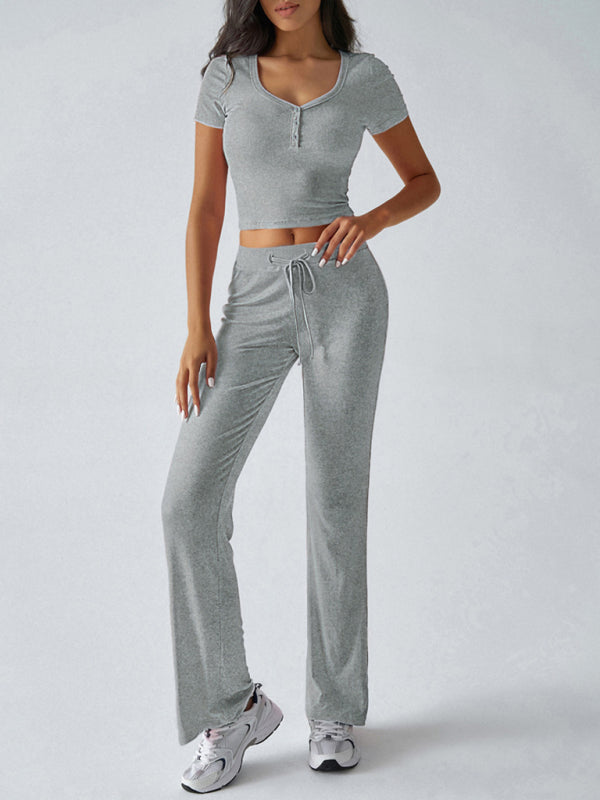 Women's Y2K sports casual style U-neck T-shirt trousers knitted two-piece suit