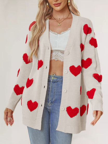 Valentine's Day Heart Knitted Midi Jacket V-Neck Button Cardigan