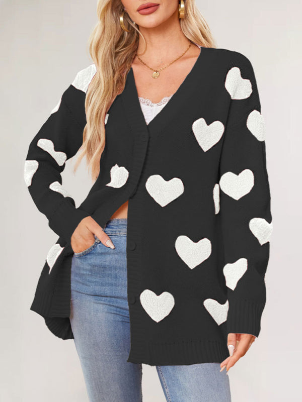 Valentine's Day Heart Knitted Midi Jacket V-Neck Button Cardigan