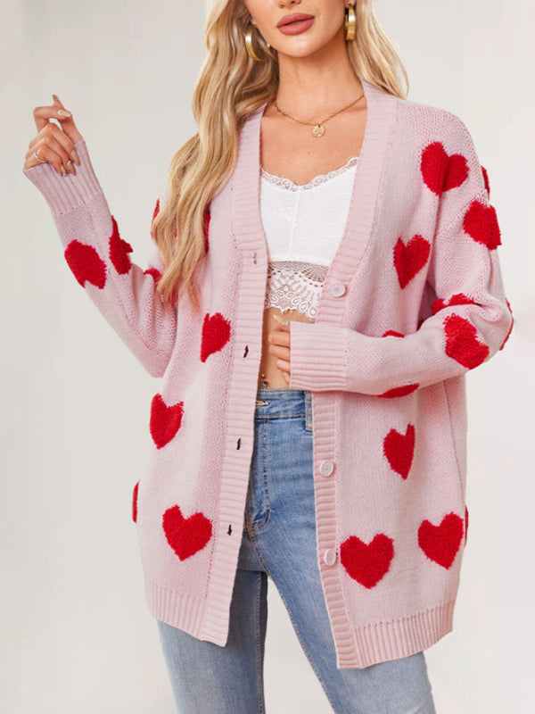 Valentine's Day Heart Knitted Midi Jacket V-Neck Button Cardigan