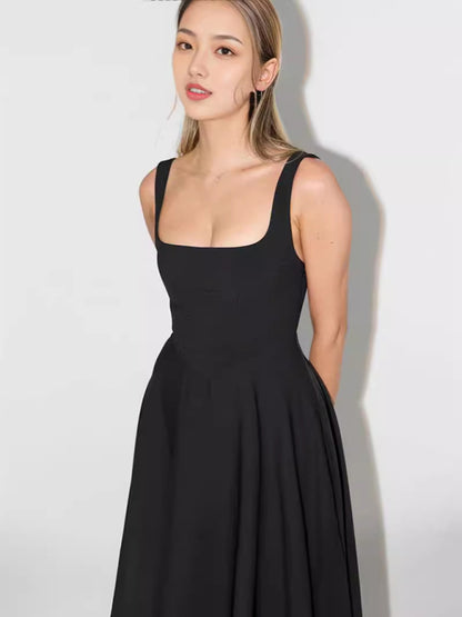 New Simple Sexy Solid Color Strap Midi Dress