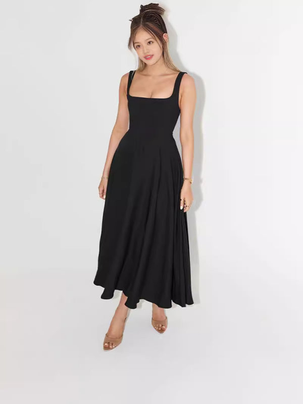 New Simple Sexy Solid Color Strap Midi Dress