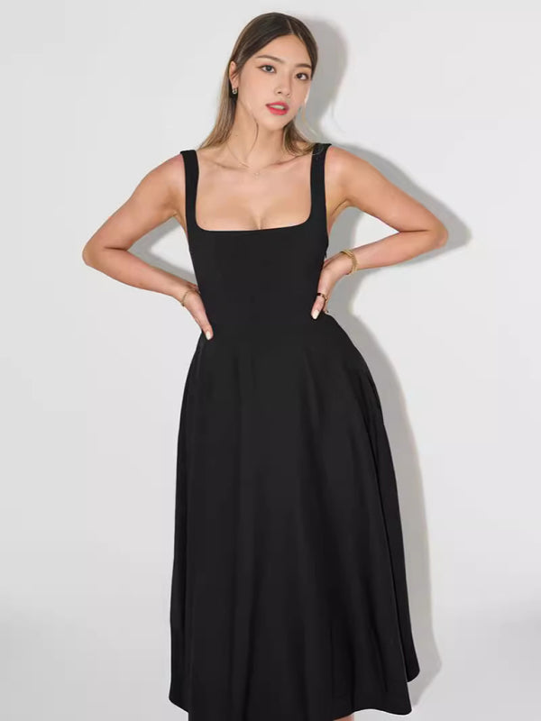 New Simple Sexy Solid Color Strap Midi Dress