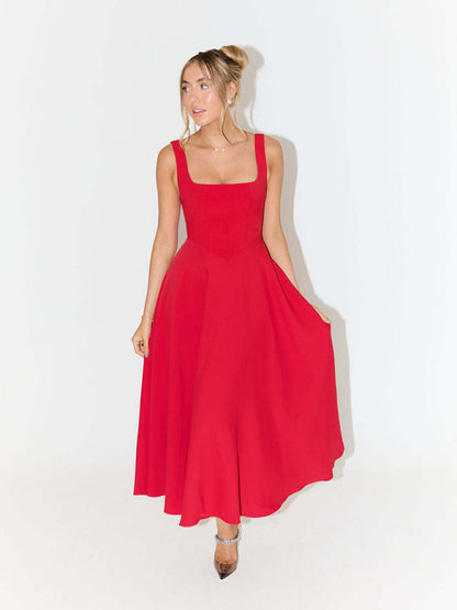 New Simple Sexy Solid Color Strap Midi Dress