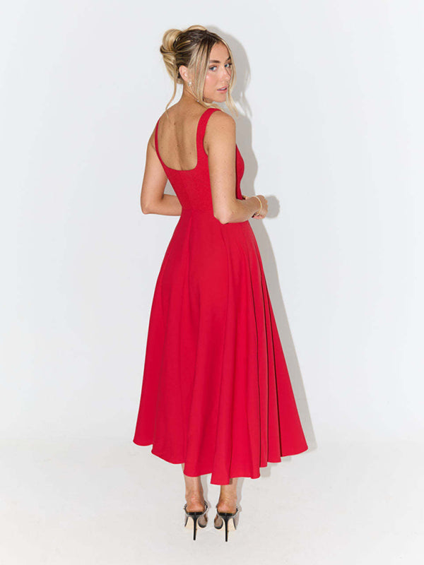 New Simple Sexy Solid Color Strap Midi Dress