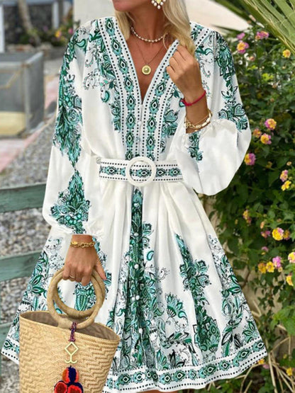 Women's Fashion V Neck Long Sleeve Bohemian Print Dress