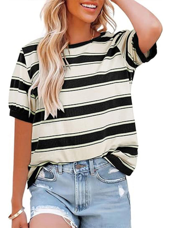 Women's round neck colorful patchwork large striped loose T-shirt