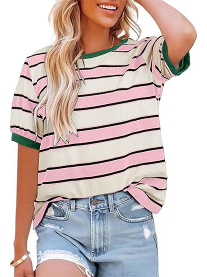 Women's round neck colorful patchwork large striped loose T-shirt