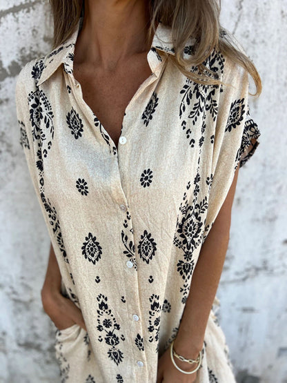 Women's Loose Casual Short Sleeve Cotton and Linen Shirt Pocket Printed Dress