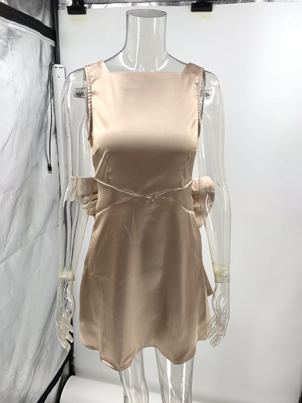 New Satin Backless Bow Decorated High Waist Dress