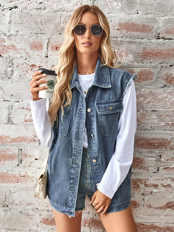 New Washed Denim Loose Vest Waistcoat Cardigan Top