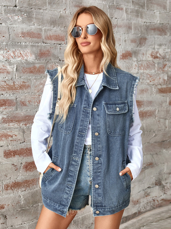 New Washed Denim Loose Vest Waistcoat Cardigan Top