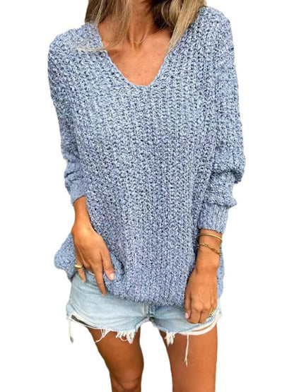 New Chunky Flower Knitted V-Neck Lazy Long Sleeve Sweater