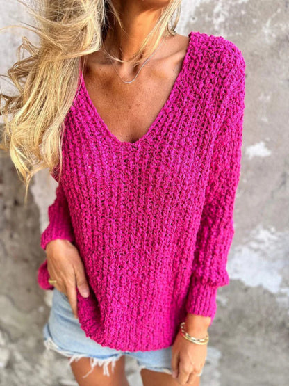 New Chunky Flower Knitted V-Neck Lazy Long Sleeve Sweater