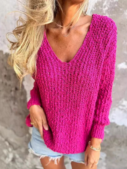 New Chunky Flower Knitted V-Neck Lazy Long Sleeve Sweater