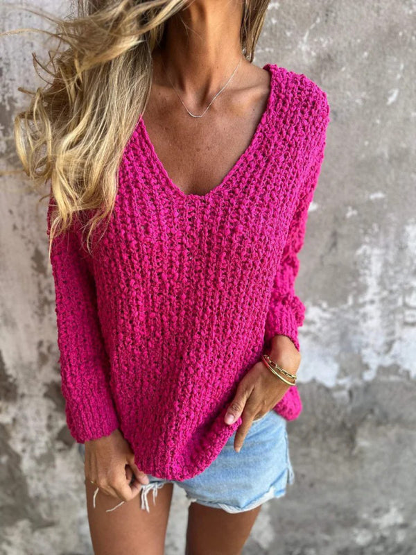 New Chunky Flower Knitted V-Neck Lazy Long Sleeve Sweater