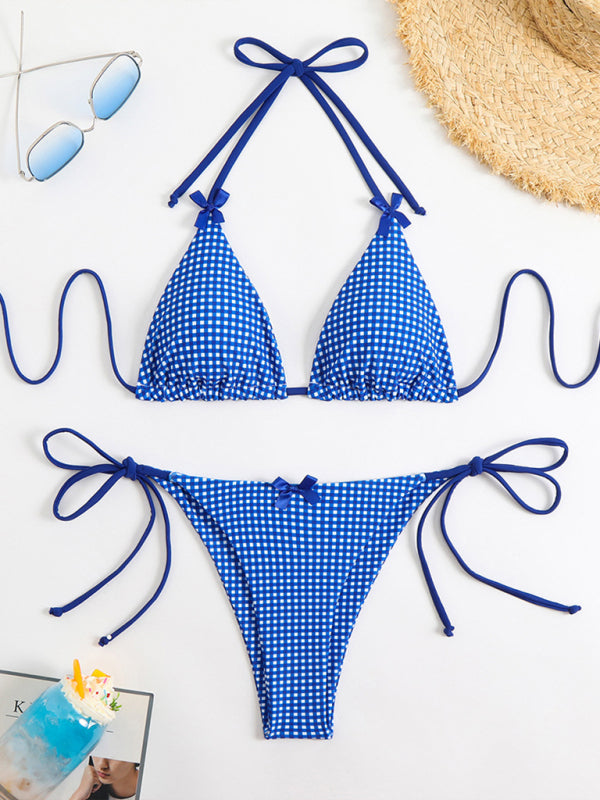 New style lace-up bikini plaid print multi-color swimsuit