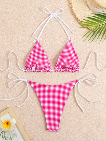 New style lace-up bikini plaid print multi-color swimsuit