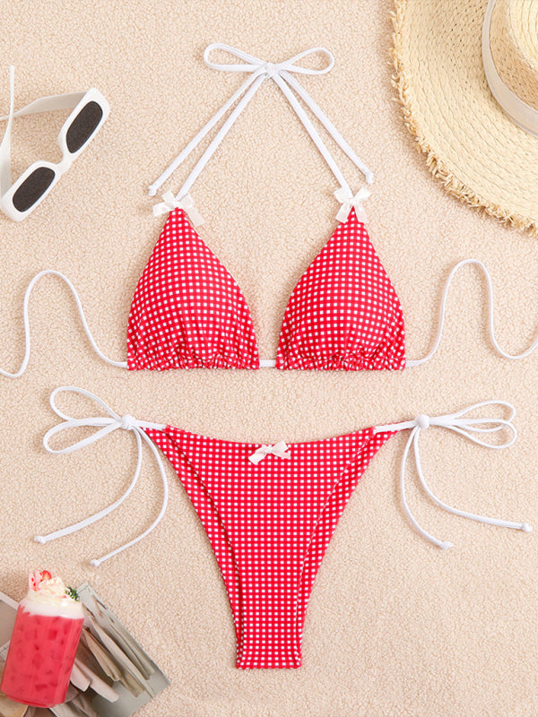 New style lace-up bikini plaid print multi-color swimsuit