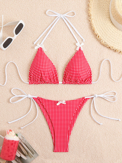 New style lace-up bikini plaid print multi-color swimsuit