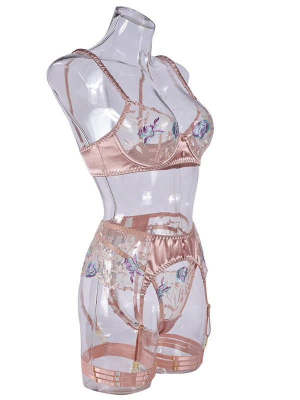 Sexy underwear embroidery color matching high elasticity comfortable sexy heavy craft four-piece set