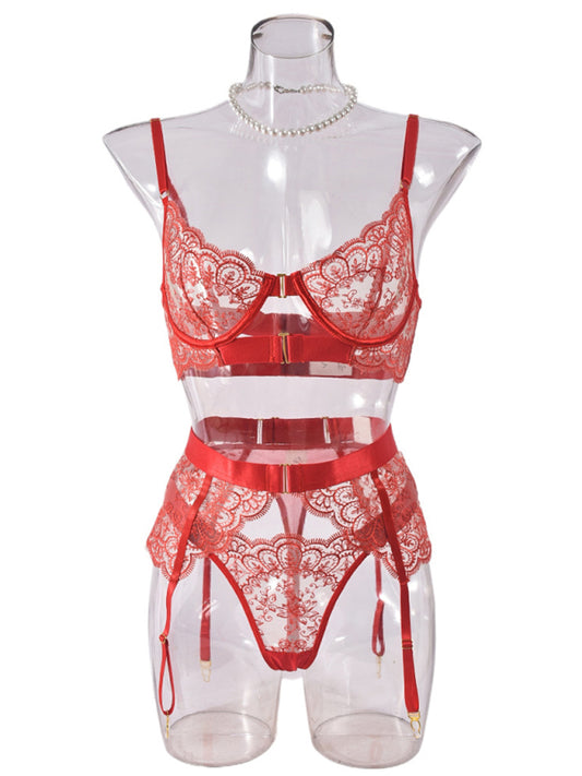 Embroidered bra sexy lingerie 3 piece setderwear four-piece set