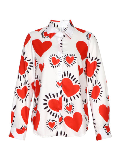 Valentine's Day Heart Print Casual Lapel Long Sleeve Shirt