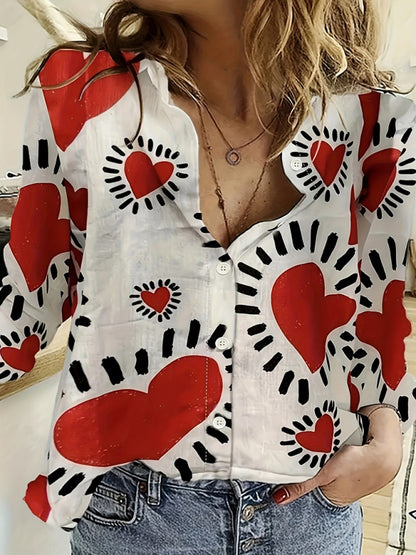 Valentine's Day Heart Print Casual Lapel Long Sleeve Shirt