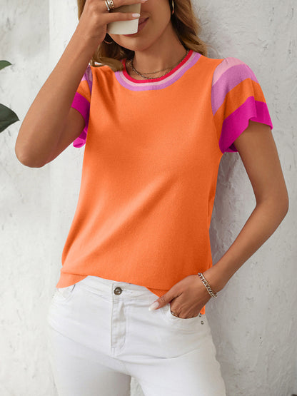 Round neck knitted top contrast color sweet short sleeve sweater