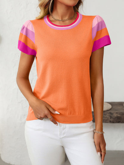 Round neck knitted top contrast color sweet short sleeve sweater