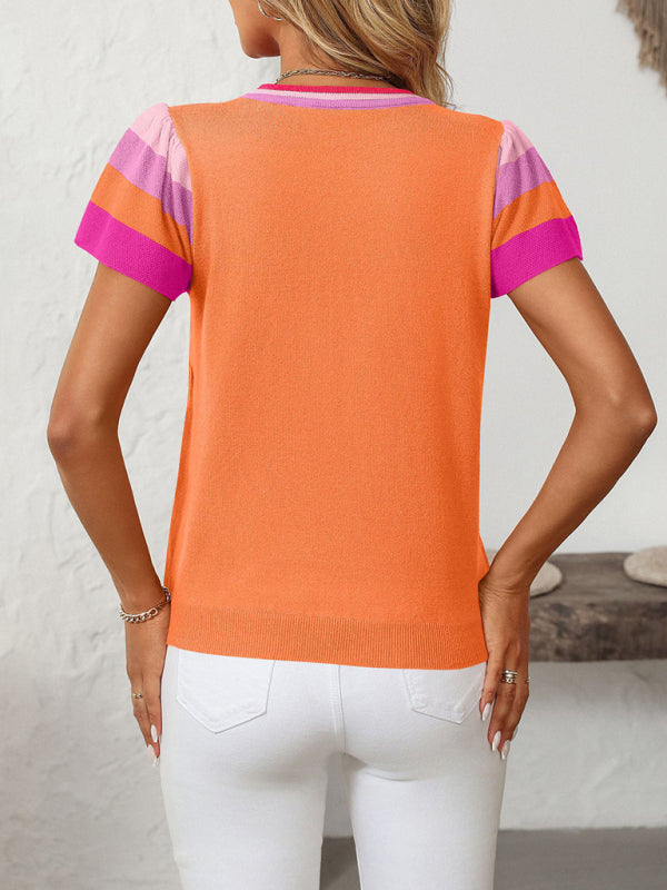 Round neck knitted top contrast color sweet short sleeve sweater