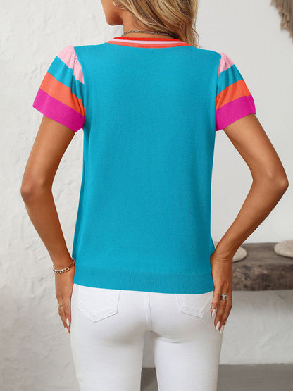 Round neck knitted top contrast color sweet short sleeve sweater