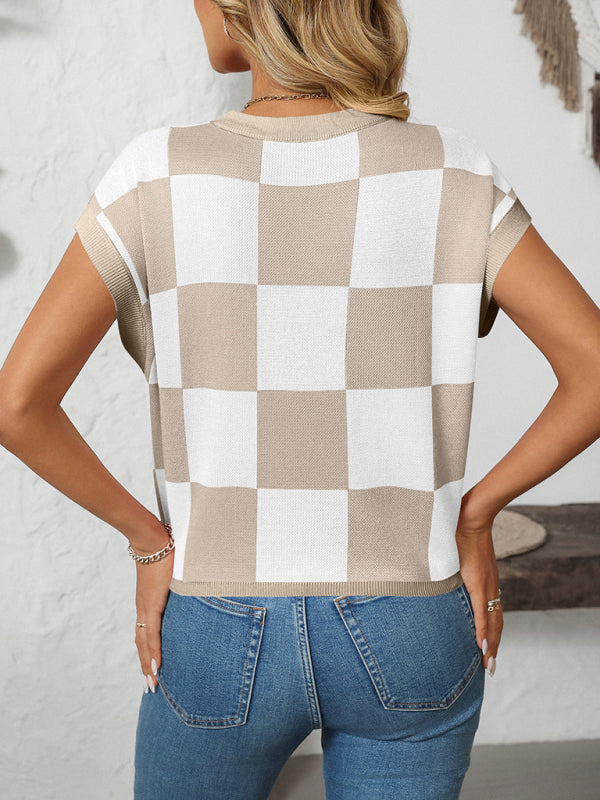 Colorblock Crewneck Checkerboard Sweater