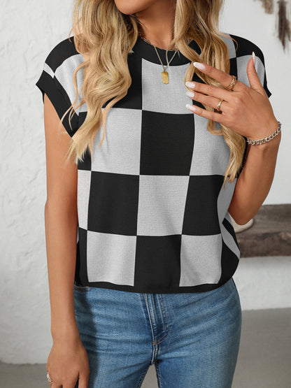 Colorblock Crewneck Checkerboard Sweater