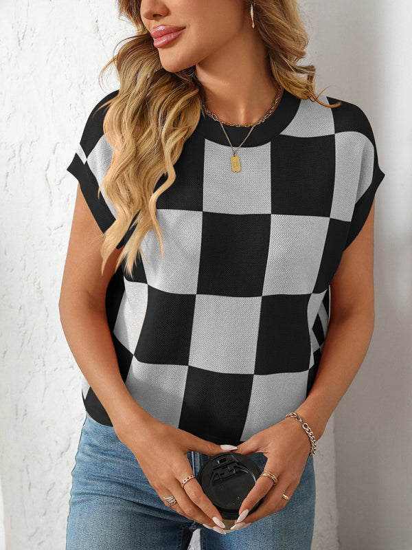 Colorblock Crewneck Checkerboard Sweater