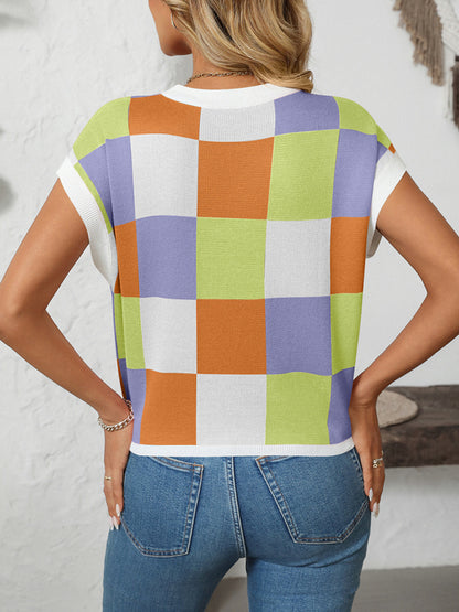 Colorblock Crewneck Checkerboard Sweater