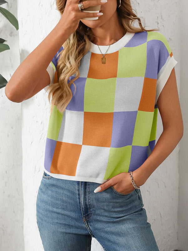 Colorblock Crewneck Checkerboard Sweater