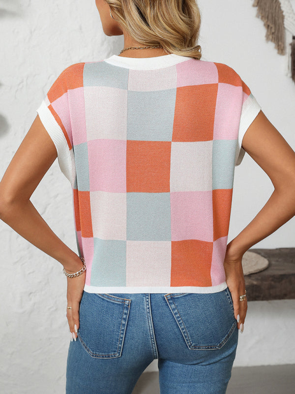 Colorblock Crewneck Checkerboard Sweater