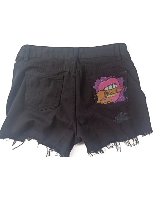 Lips Biting Finger Print Fashion Ripped Denim Shorts