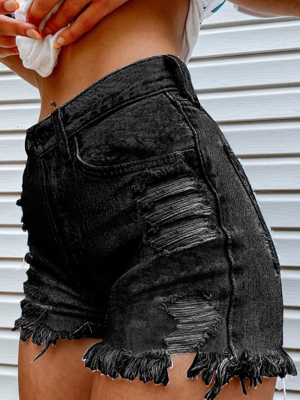 Lips Biting Finger Print Fashion Ripped Denim Shorts