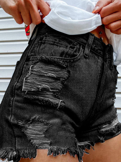 Lips Biting Finger Print Fashion Ripped Denim Shorts