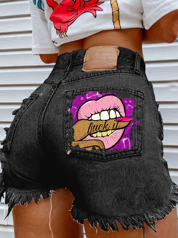 Lips Biting Finger Print Fashion Ripped Denim Shorts