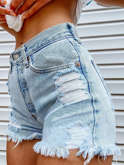 Lips Biting Finger Print Fashion Ripped Denim Shorts