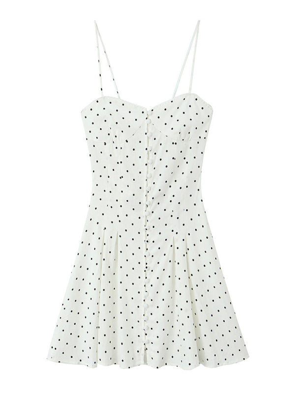 Fashionable suspender polka dot print single-breasted dress