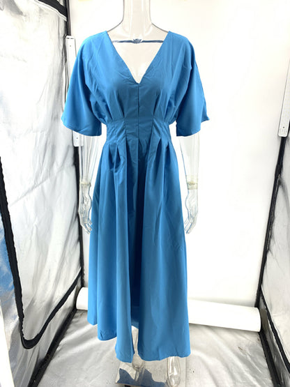 New Blue V-neck Pleated Maxi Dress Loose Elegant Dress