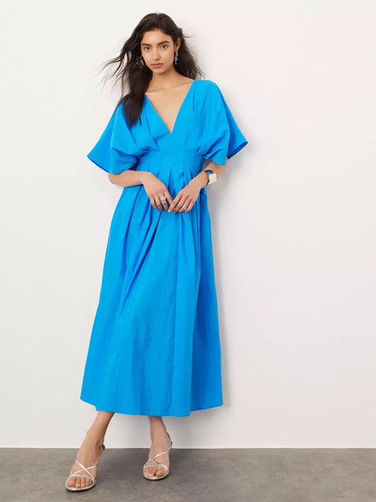 New Blue V-neck Pleated Maxi Dress Loose Elegant Dress